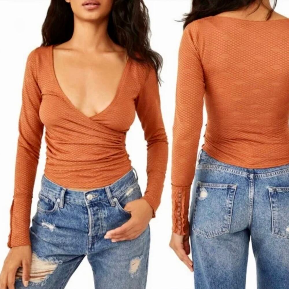 Free People Rust Long Sleeve Ribbed Wrap Top